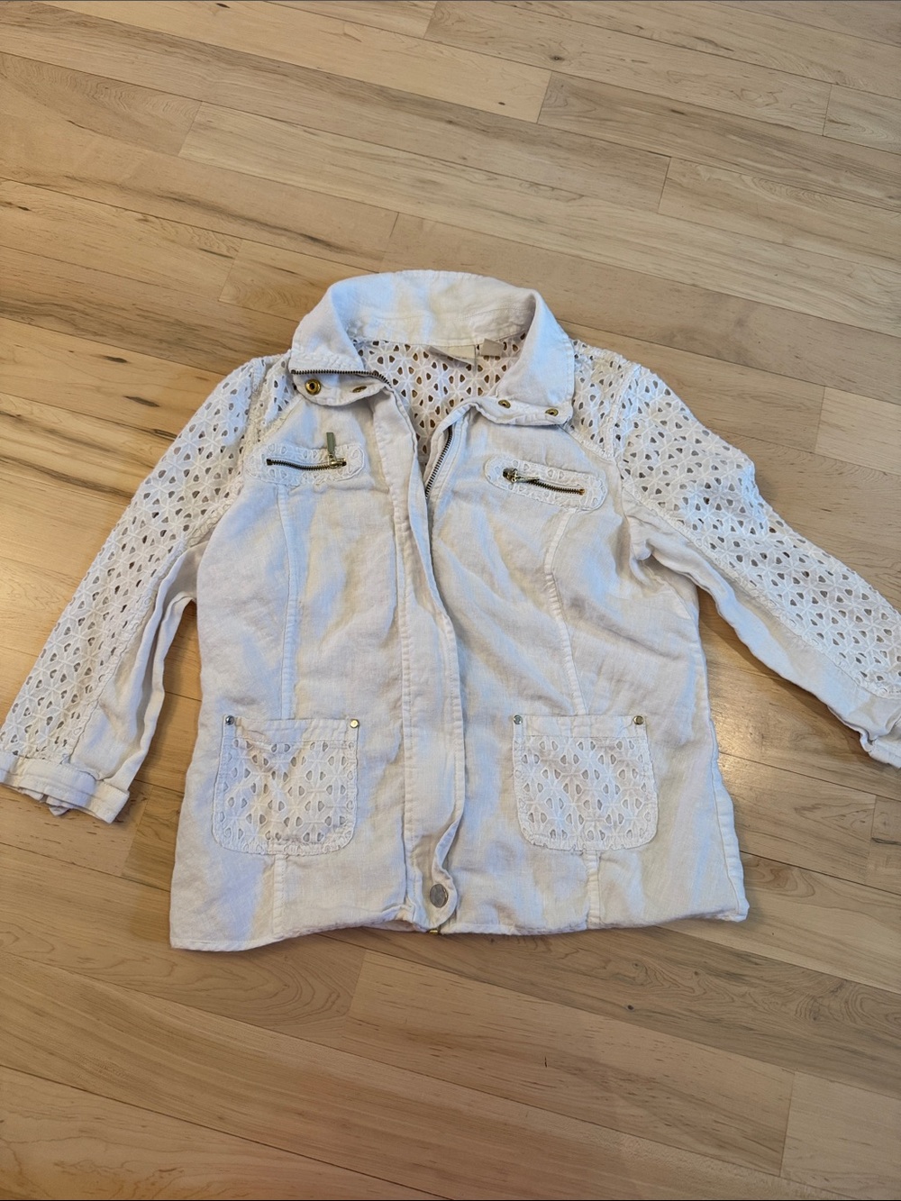 Chicos 100% Linen White Eyelet Jacket-Size 0-S-Vacation